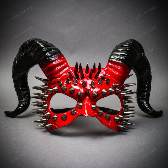 RED Demon Steampunk Spikes Devil w/ Black Twisted Horn Masquerade Halloween Mask - Picture 2 of 7